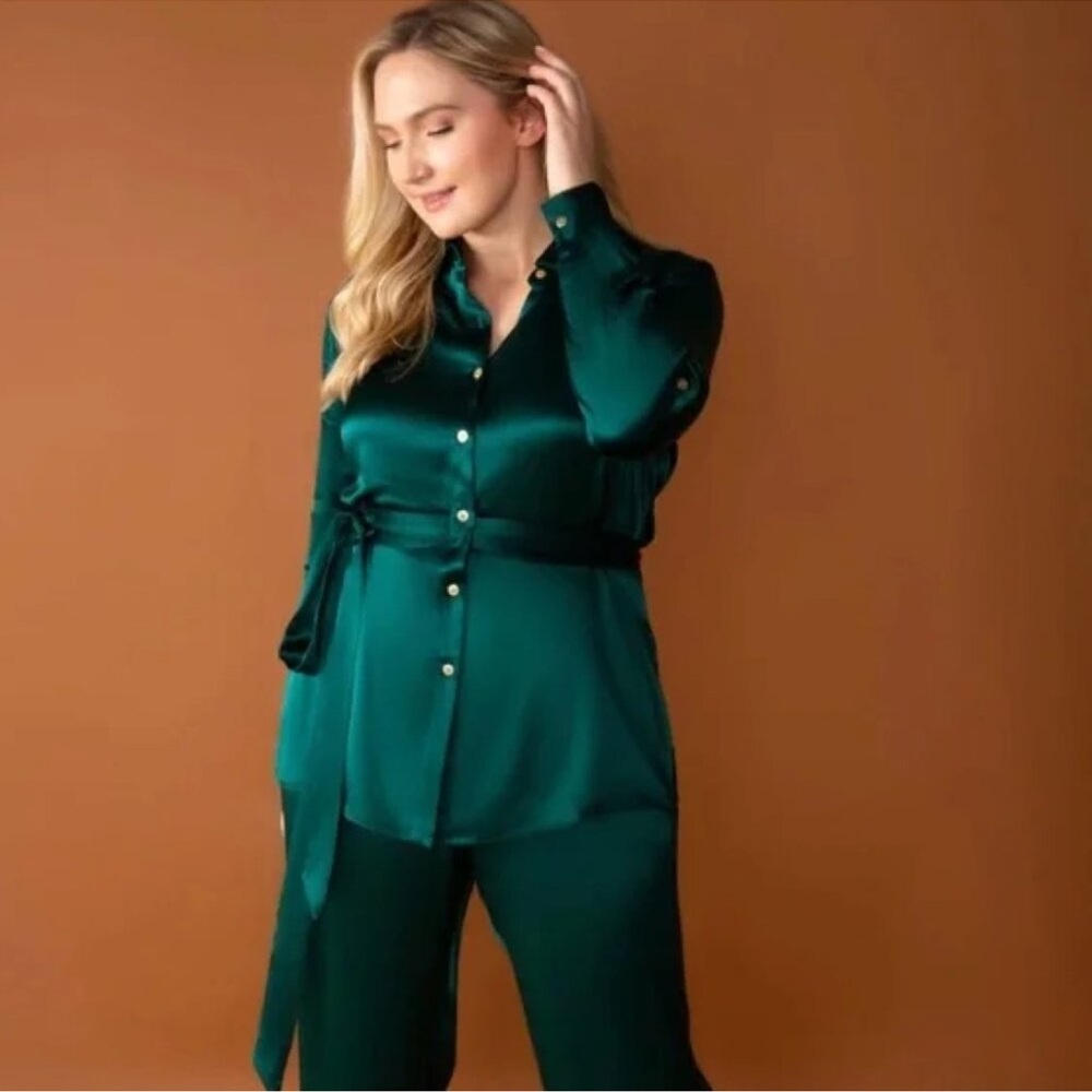 Chloe Kristyn Elegant Green Women's Satin Tunic Blouse With Matching Belt - M